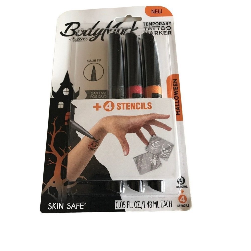 BIC BodyMark Temporary Tattoo Marker Halloween Set 3 Markers‎ 4 Stencils NEW